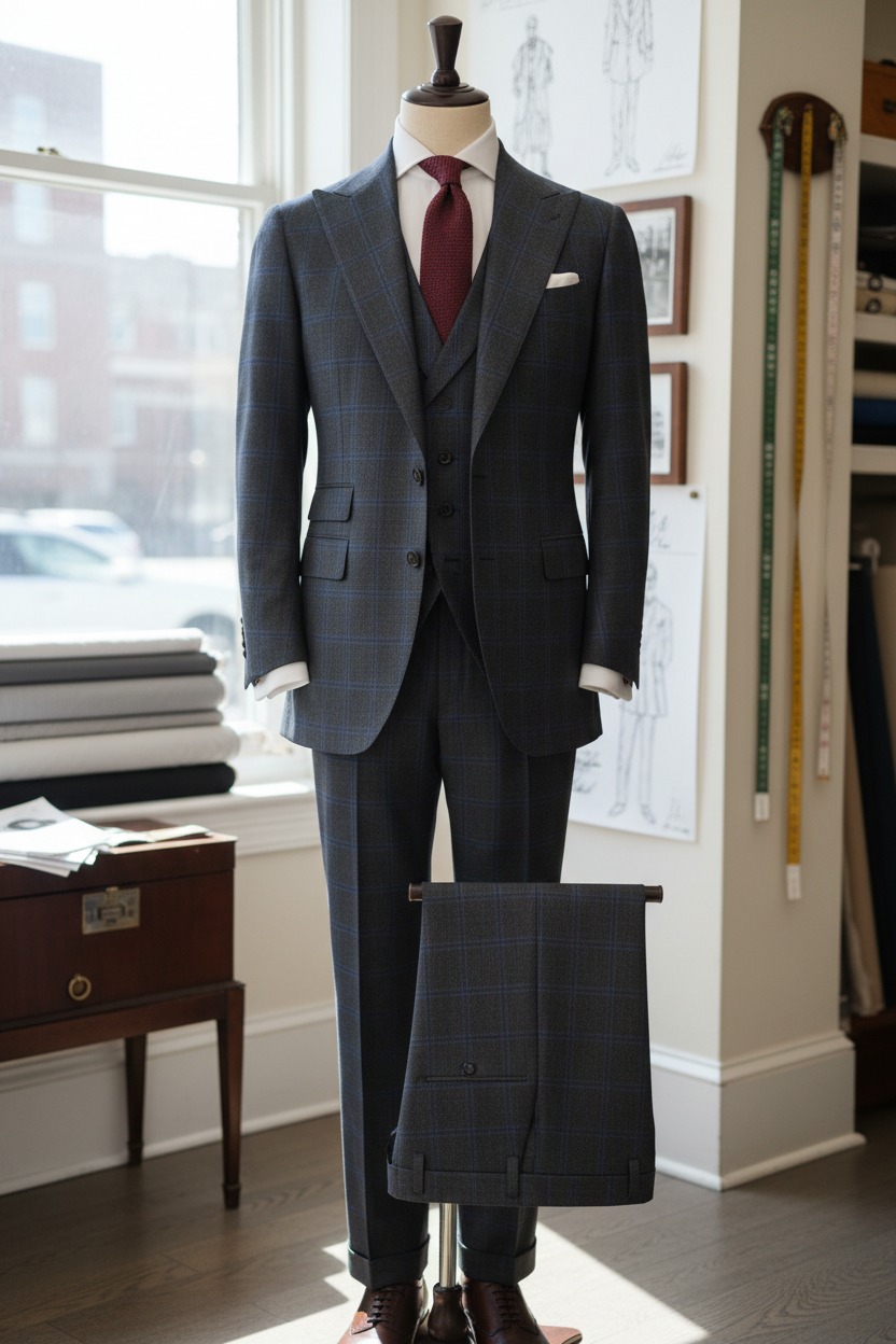 A dark blue plaid three-piece suit displayed on a tailor's mannequin in a bright workshop.